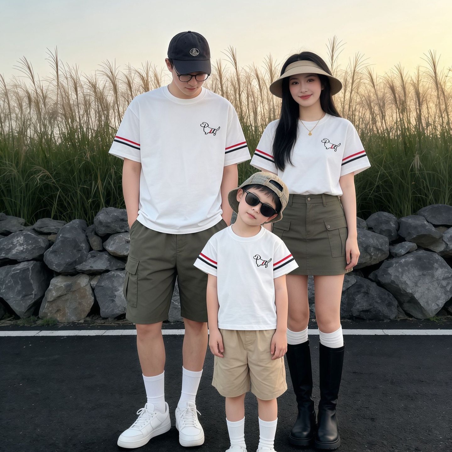 親子ペアルック フレンチカジュアル風 トリコロール＆ドッグTシャツ・ロンパース