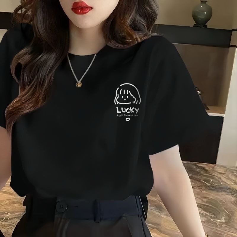 【2点セット】カップルペアルック LUCKY & HAPPY ゆるかわTシャツ