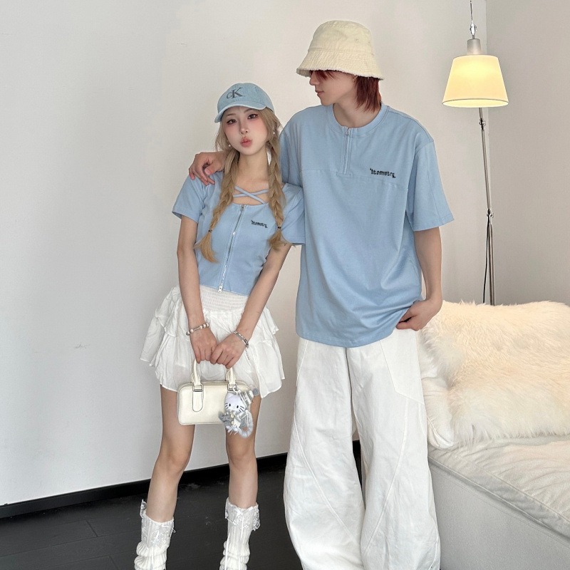 カップルペアルック ライトブルーリンク ハーフジップTシャツ