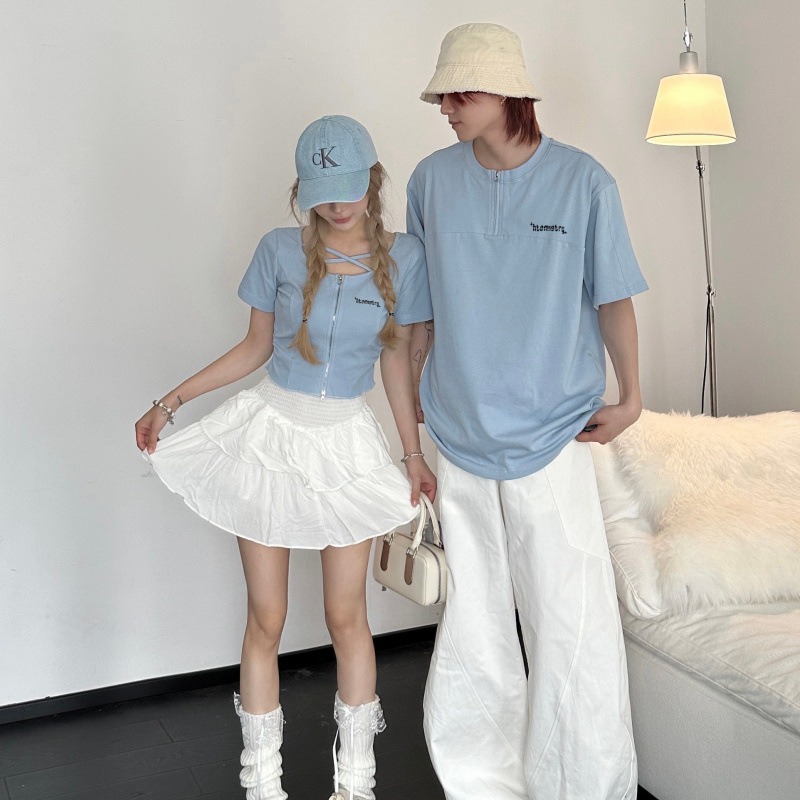 カップルペアルック ライトブルーリンク ハーフジップTシャツ