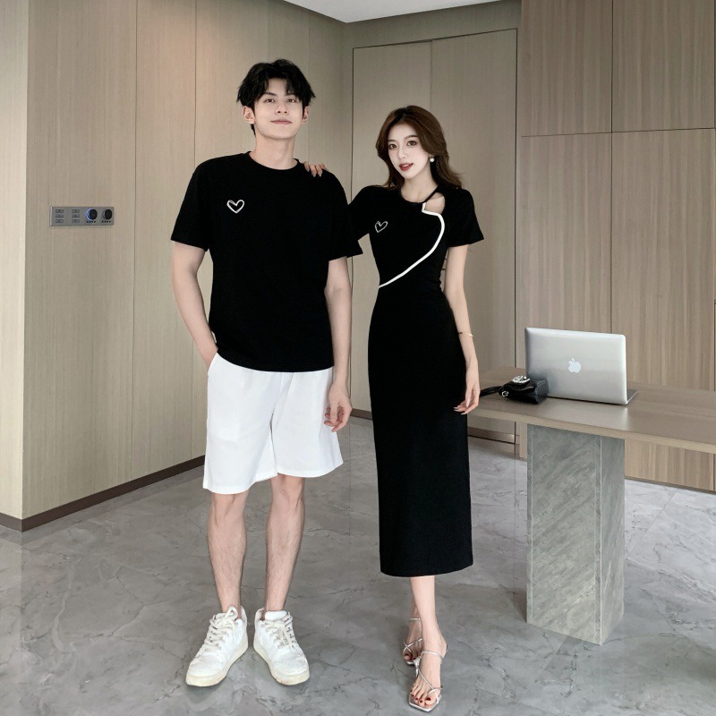 カップルペアルック ワンポイントハート リンクコーデ（Tシャツ・アシンメトリーワンピース）