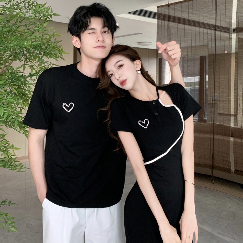 カップルペアルック ワンポイントハート リンクコーデ（Tシャツ・アシンメトリーワンピース）