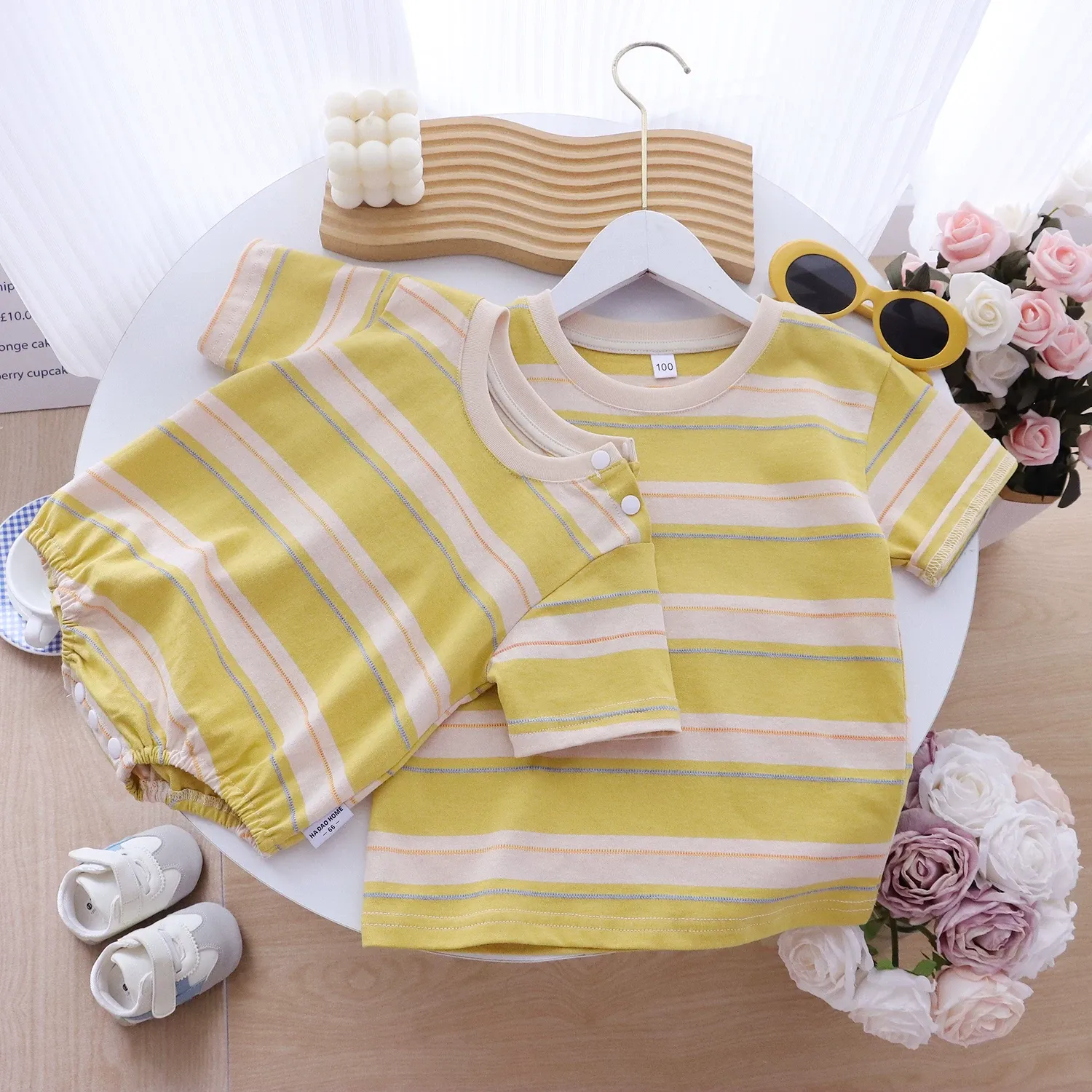 親子ペアルック ハッピーイエロー ボーダーTシャツ＆ロンパース