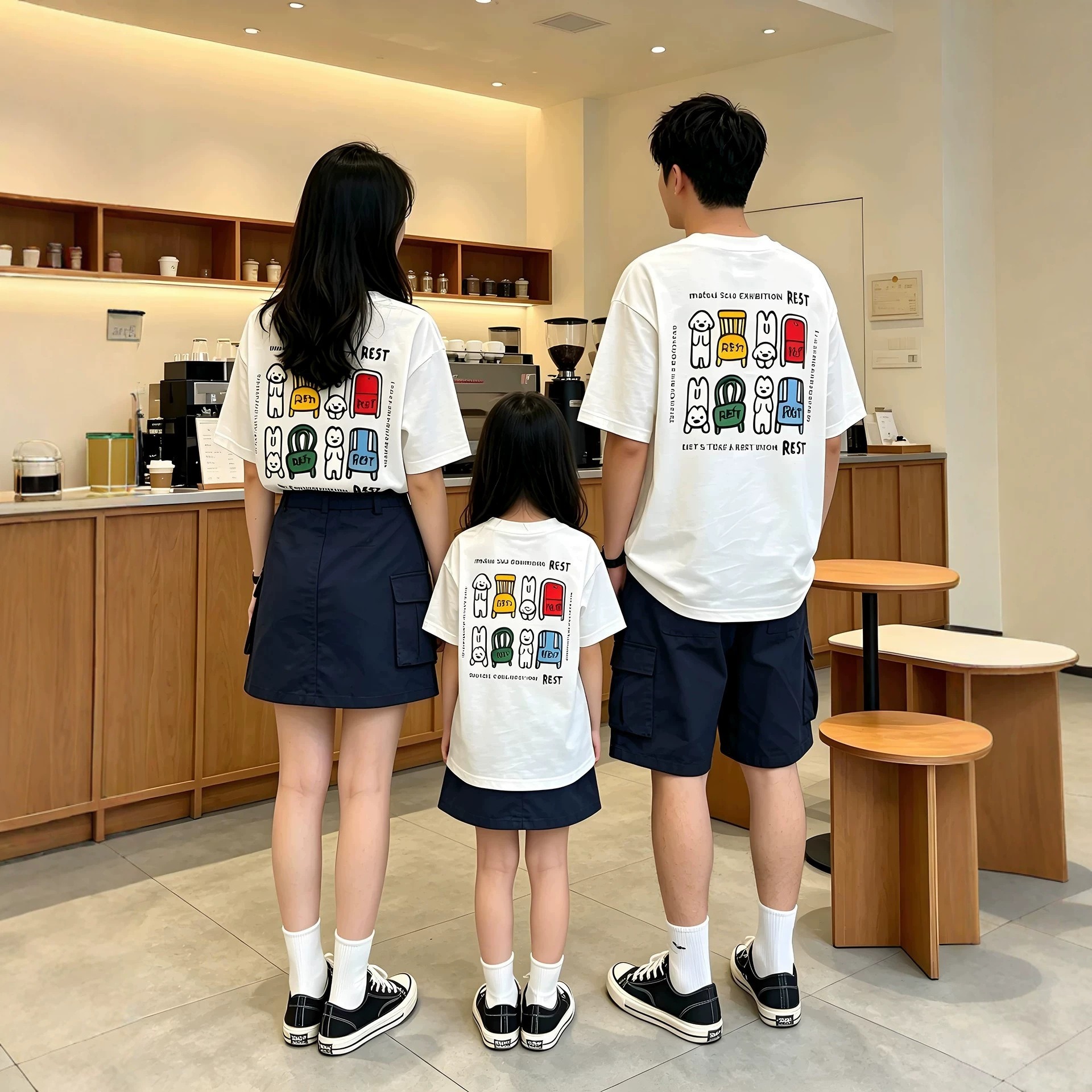 親子ペアルック カラフルチェア＆アニマル バックプリントTシャツ