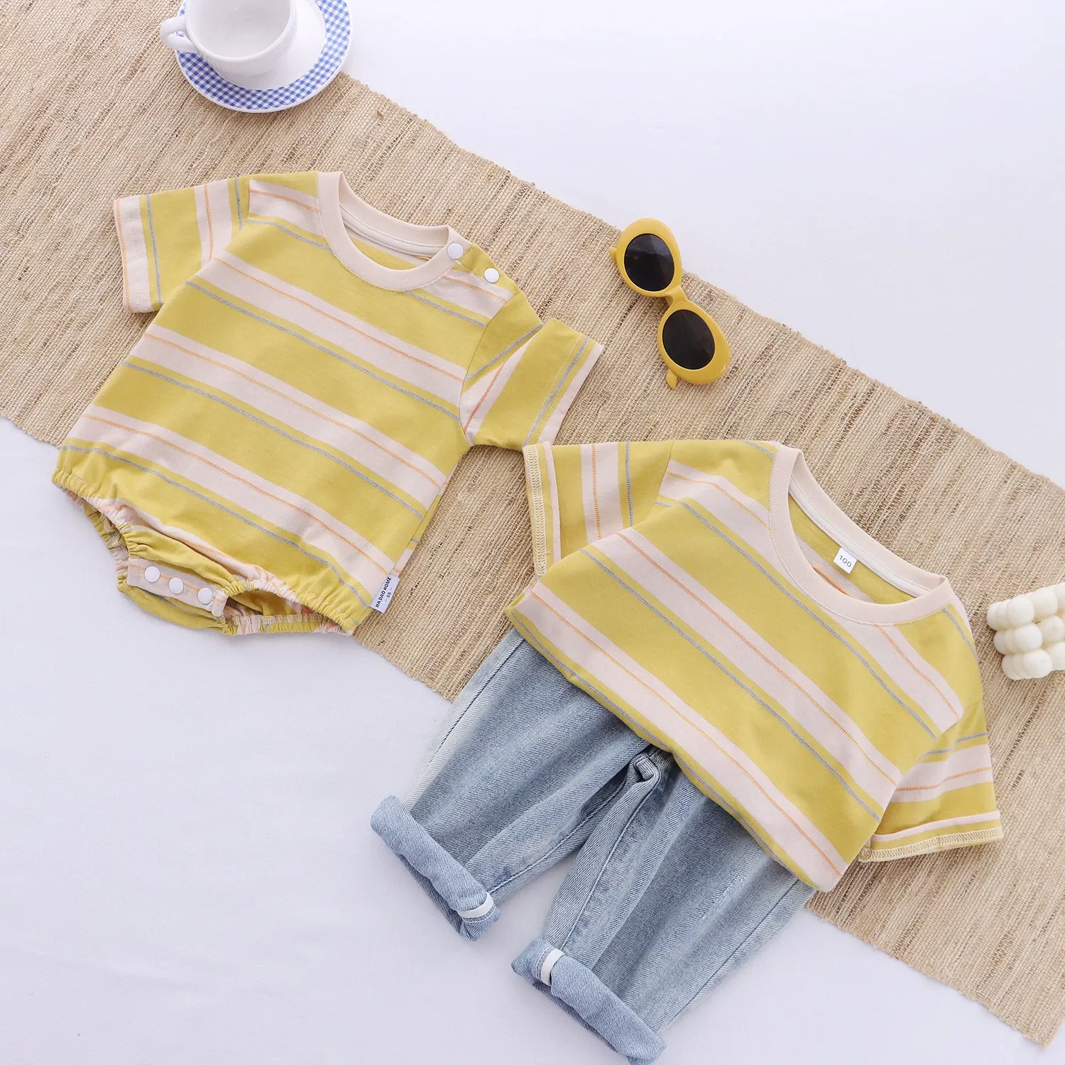 親子ペアルック ハッピーイエロー ボーダーTシャツ＆ロンパース