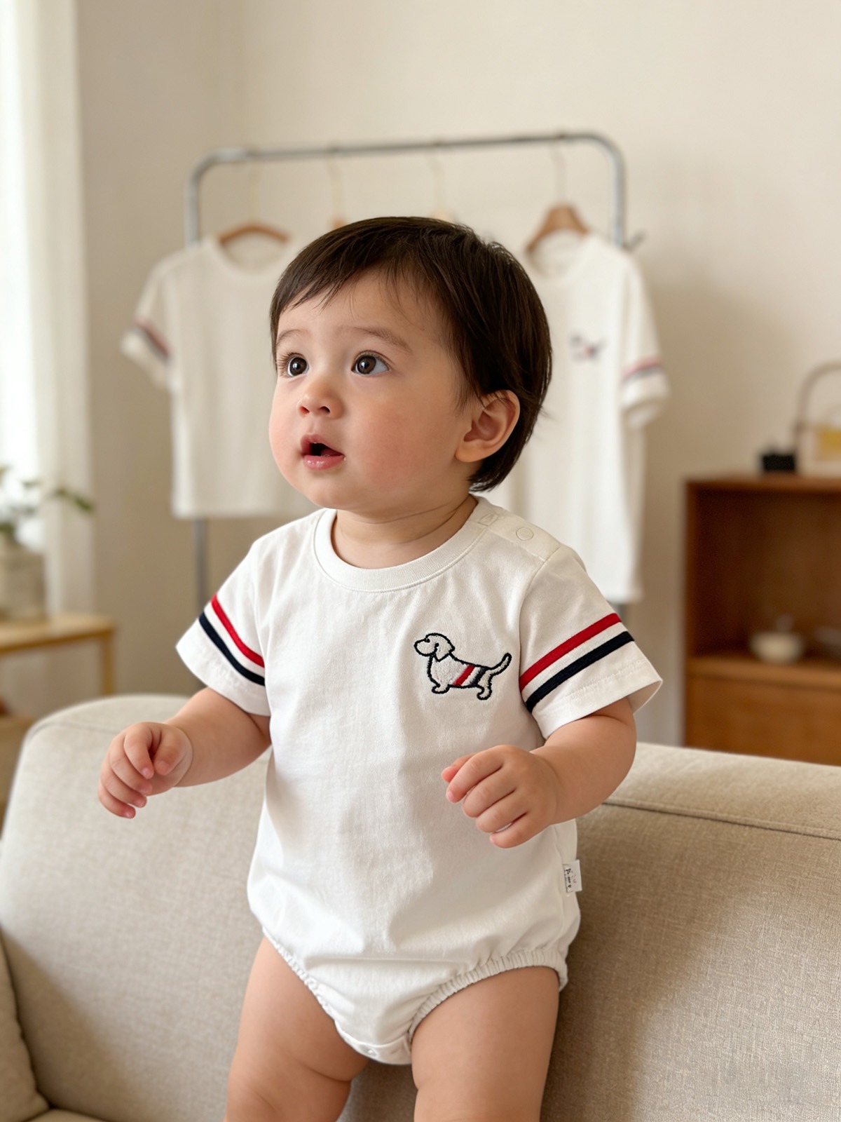 親子ペアルック フレンチカジュアル風 トリコロール＆ドッグTシャツ・ロンパース