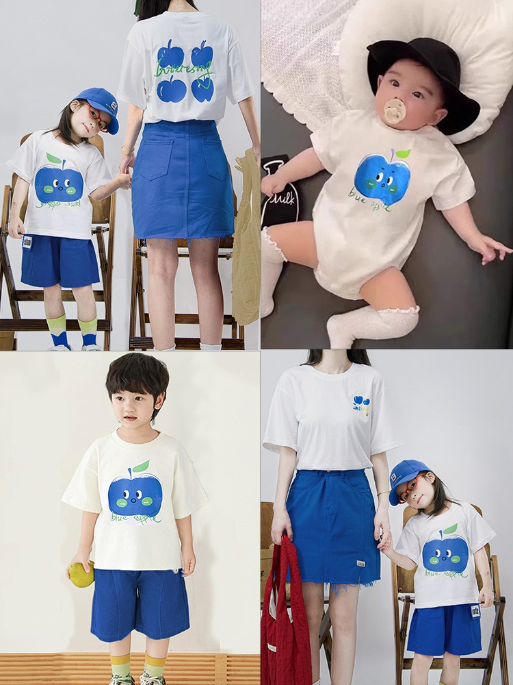 親子ペアルック 爽やか青りんご Tシャツ・ロンパース