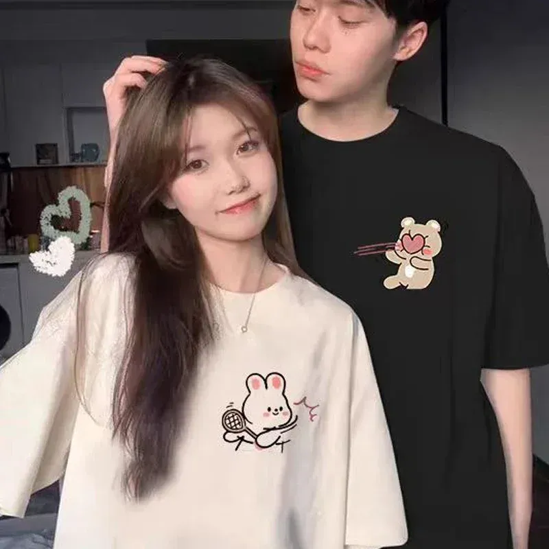 カップルペアルック うさぎ＆くま ハートのラリーTシャツ