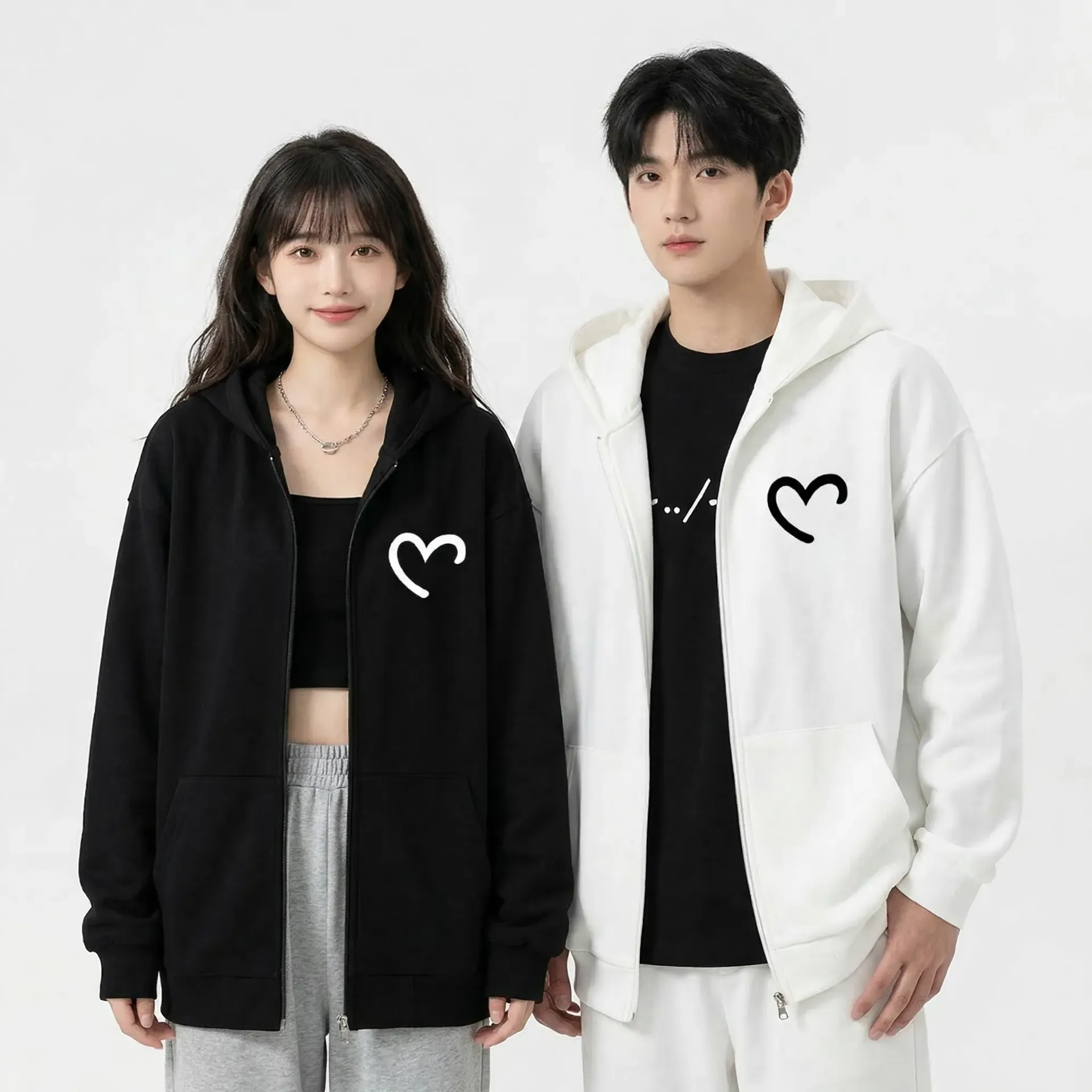 カップルペアルック ハーフハートリンク ジップアップパーカー