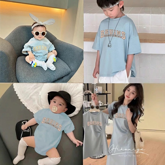 親子ペアルック 爽やかブルー カレッジロゴ風 Tシャツ・ワンピース・ロンパース