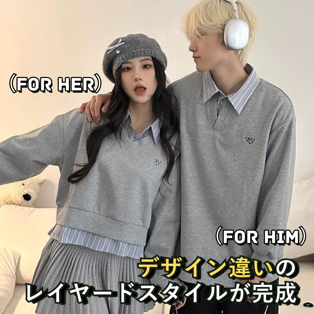 カップルペアルック 韓国風フェイクレイヤード 配色切替スウェット