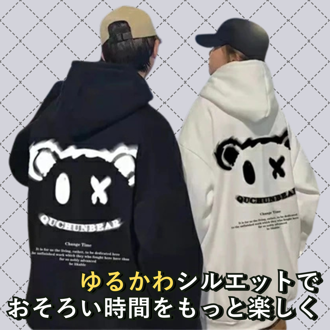 カップルペアルック キュートアイ ベアプリントパーカー