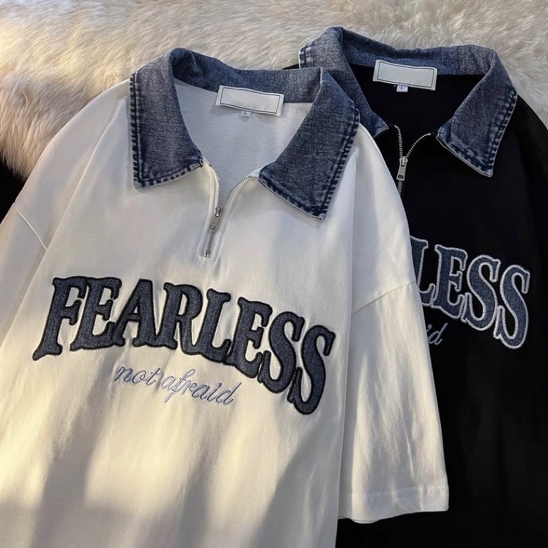 カップルペアルック デニム襟 FEARLESSロゴ ハーフジップシャツ