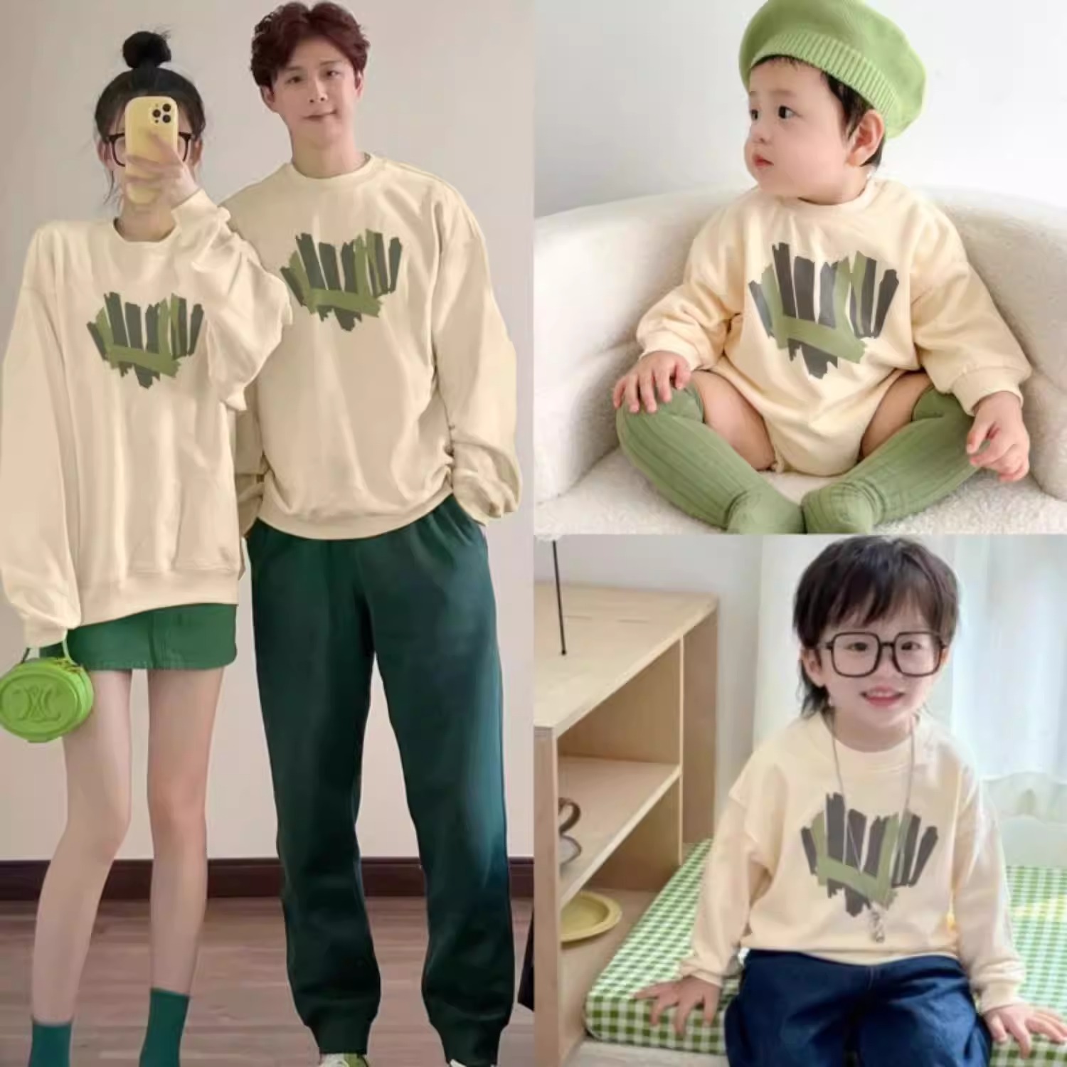 親子ペアルック グリーンハート トレーナー・ロンパース