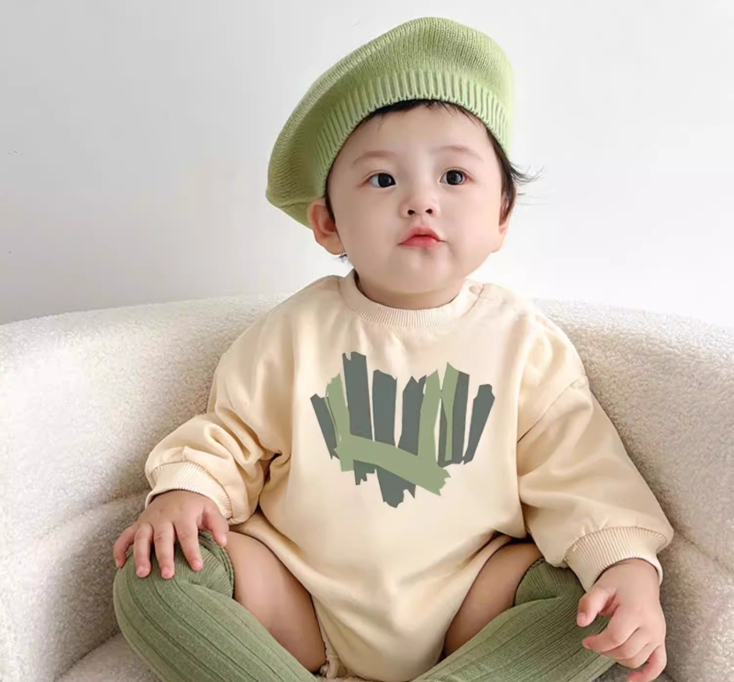 親子ペアルック グリーンハート トレーナー・ロンパース