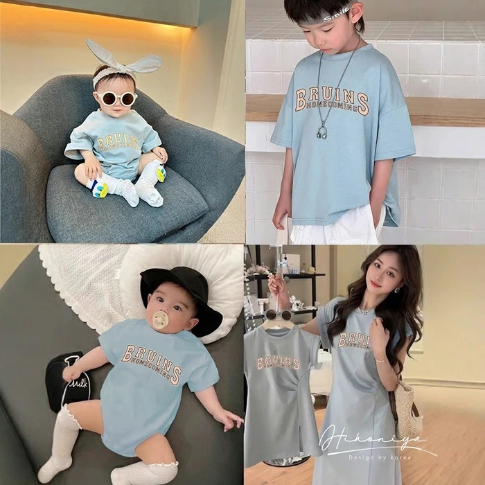 親子ペアルック 爽やかブルー カレッジロゴ風 Tシャツ・ワンピース・ロンパース