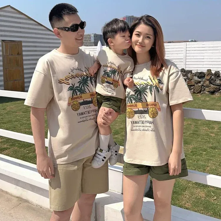 親子ペアルック  サマーリゾートプリント Tシャツ＆ロンパース