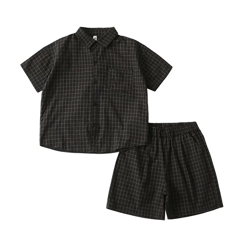 親子ペアルック ダークチェック柄 ファミリーセットアップ（半袖シャツ＆フェイクレイヤード）