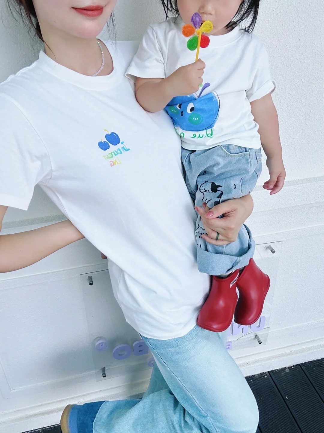 親子ペアルック 爽やか青りんご Tシャツ・ロンパース