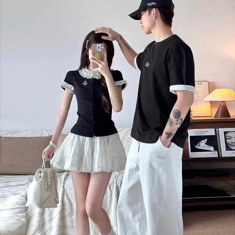 カップルペアルック フレンチレトロ レース襟トップス＆モノトーン配色Tシャツ 