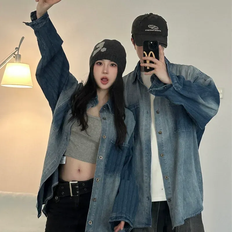 カップルペアルック グラデーション×ヴィンテージ加工 デニムシャツ