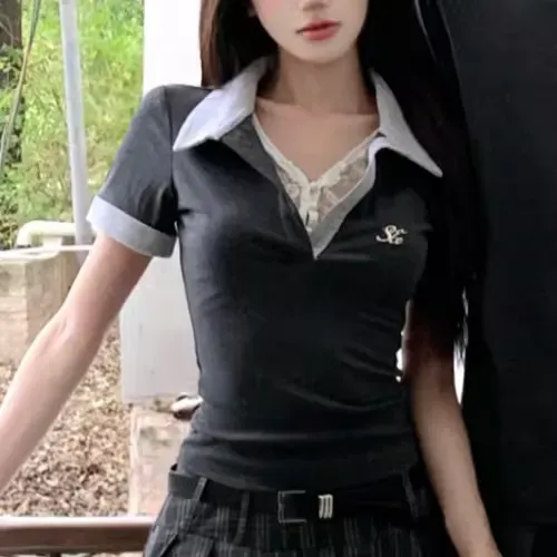 カップルペアルック クラシックグレー バイカラーポロトップス