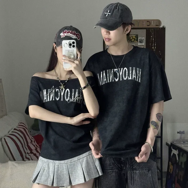 カップルペアルック ヴィンテージムード オフショル×ゆるシルエットTシャツ