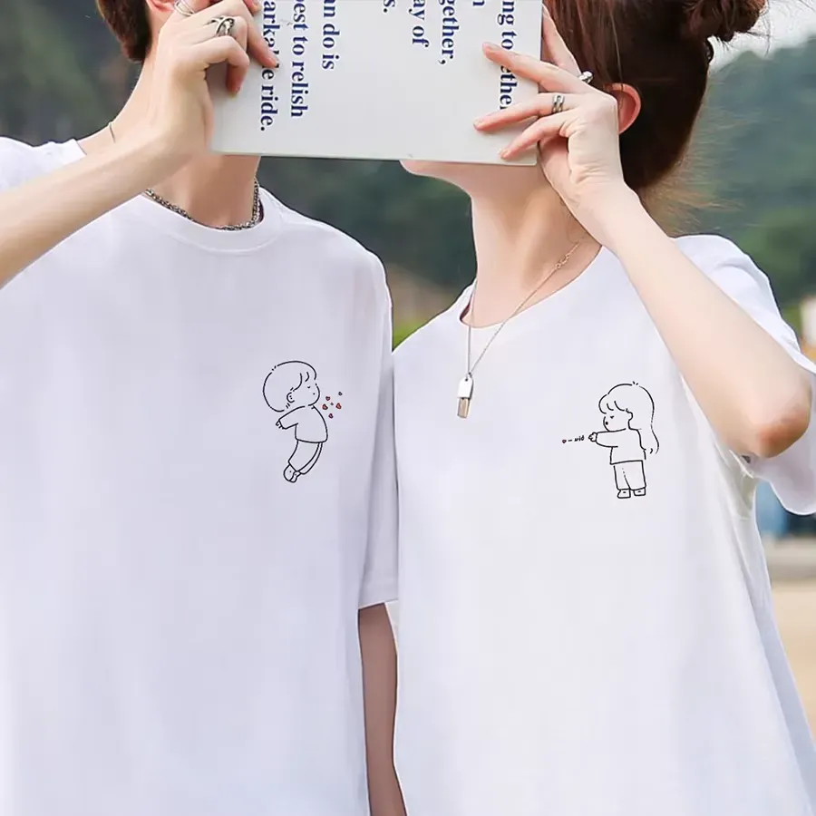 【2点セット】カップルペアルック ハート・ショット リンクTシャツ