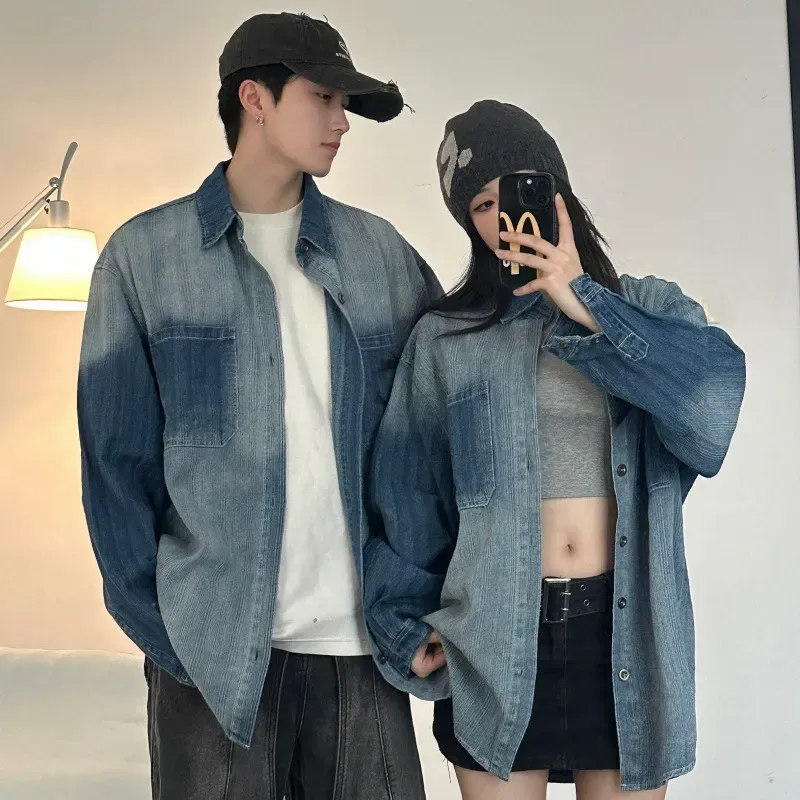 カップルペアルック グラデーション×ヴィンテージ加工 デニムシャツ