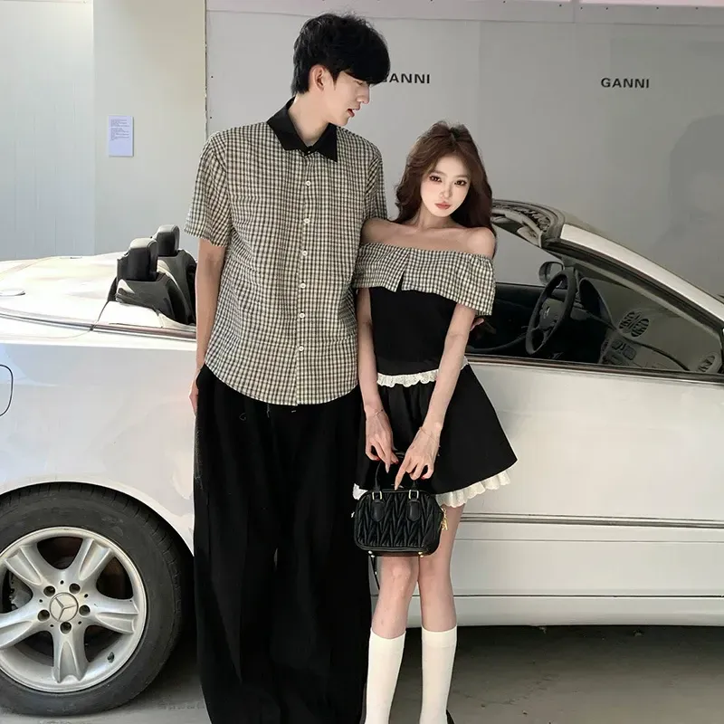 カップルペアルック ギンガム・モノクロームシャツ オフショルセットアップ