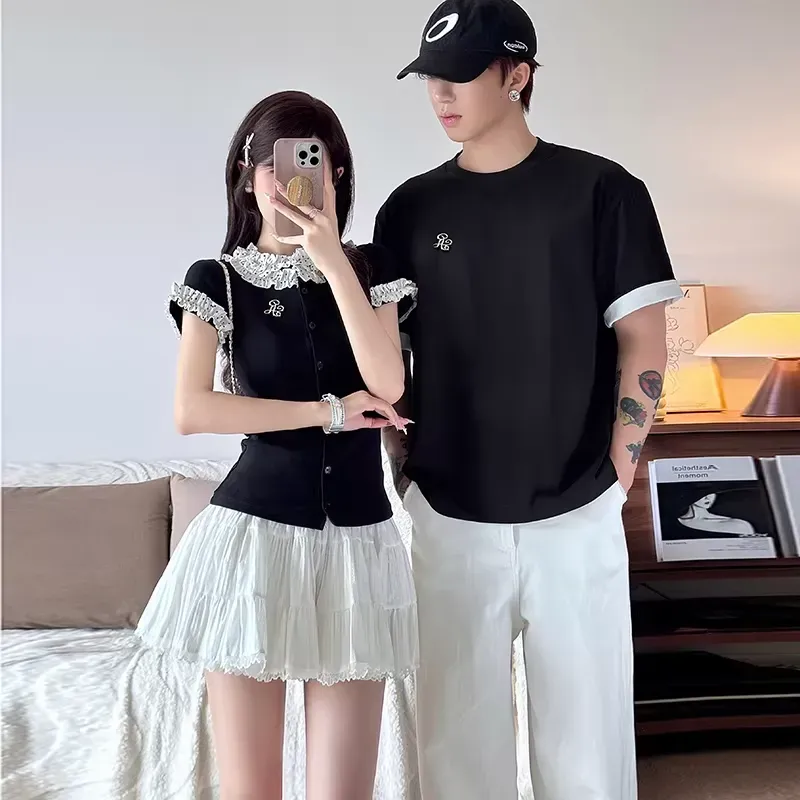 カップルペアルック フレンチレトロ レース襟トップス＆モノトーン配色Tシャツ 