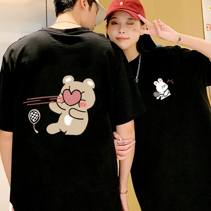 カップルペアルック うさぎ＆くま ハートのラリーTシャツ