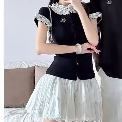 カップルペアルック フレンチレトロ レース襟トップス＆モノトーン配色Tシャツ 