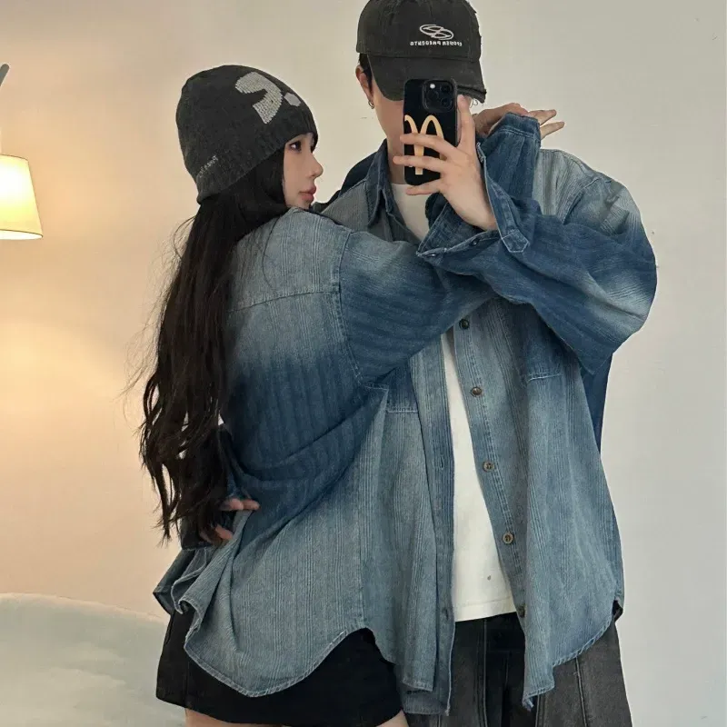 カップルペアルック グラデーション×ヴィンテージ加工 デニムシャツ