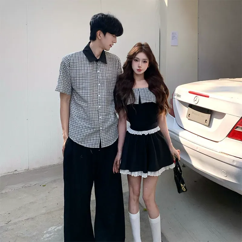 カップルペアルック ギンガム・モノクロームシャツ オフショルセットアップ