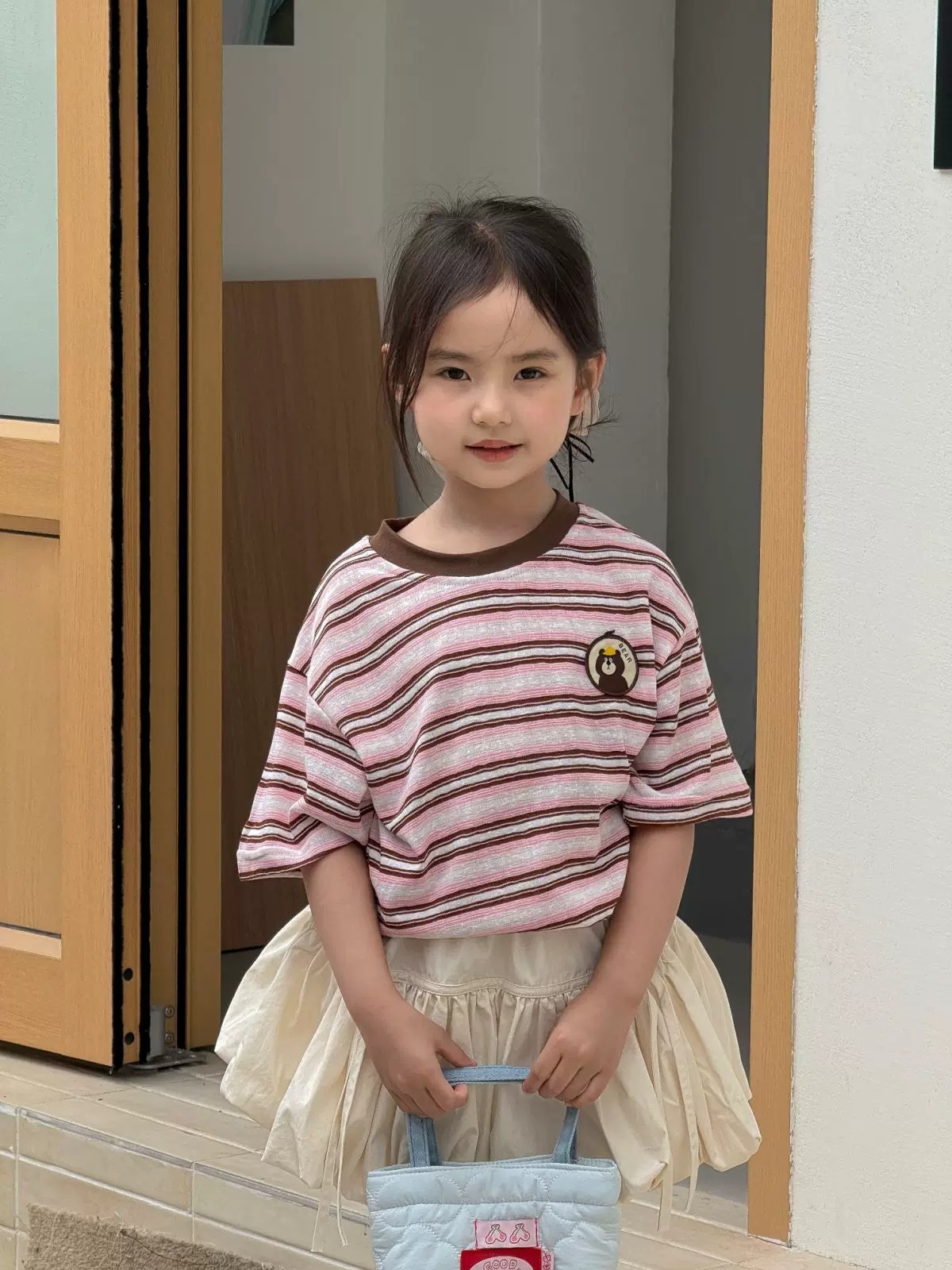 親子ペアルック くまさんワッペンのリラックスボーダーTシャツ