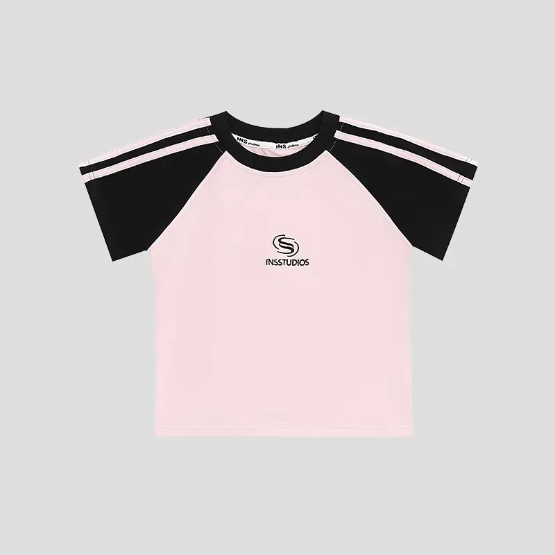 INSstudios レトロ配色ラグランボーダー 短丈カップルTシャツ