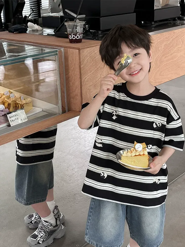 親子ペアルック ころころパンダのモノトーンボーダーTシャツ