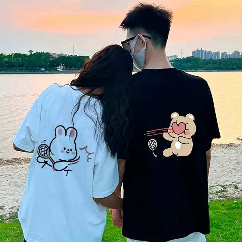 カップルペアルック うさぎ＆くま ハートのラリーTシャツ