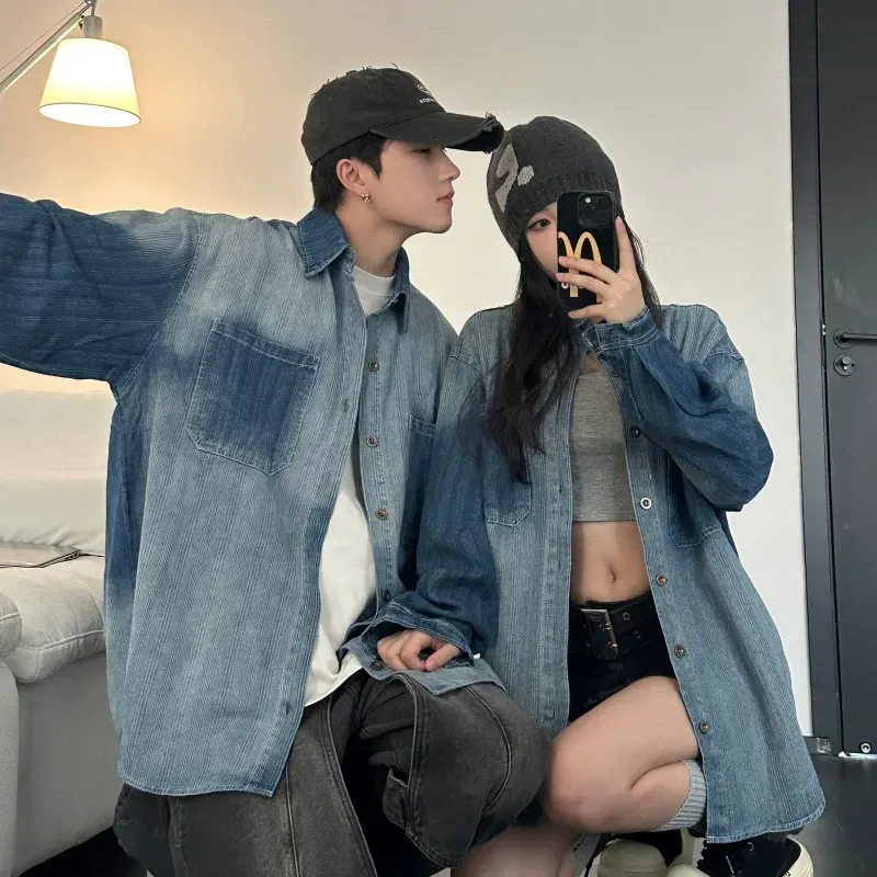 カップルペアルック グラデーション×ヴィンテージ加工 デニムシャツ