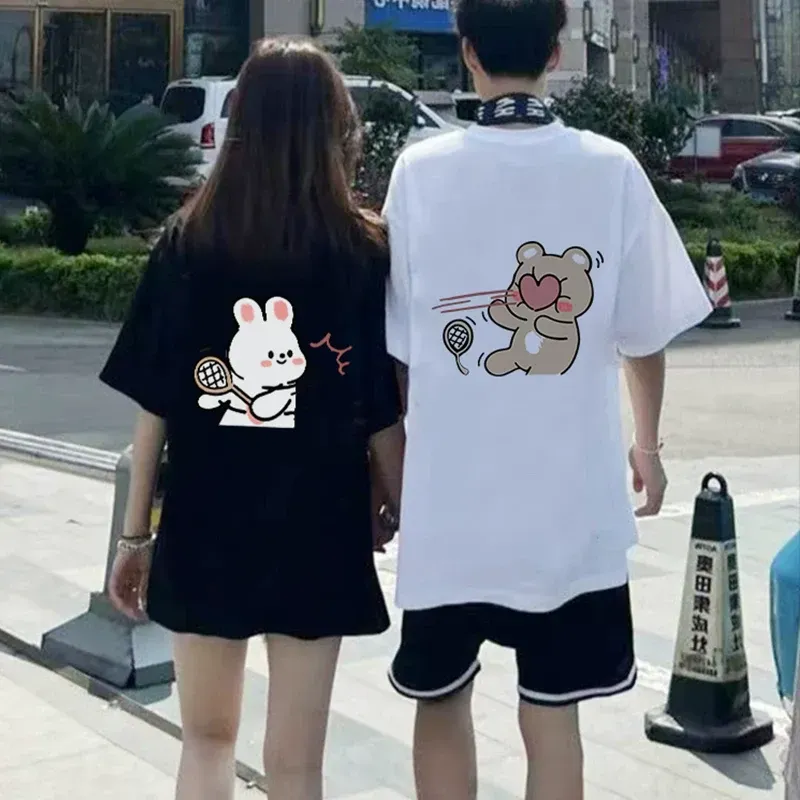 カップルペアルック うさぎ＆くま ハートのラリーTシャツ