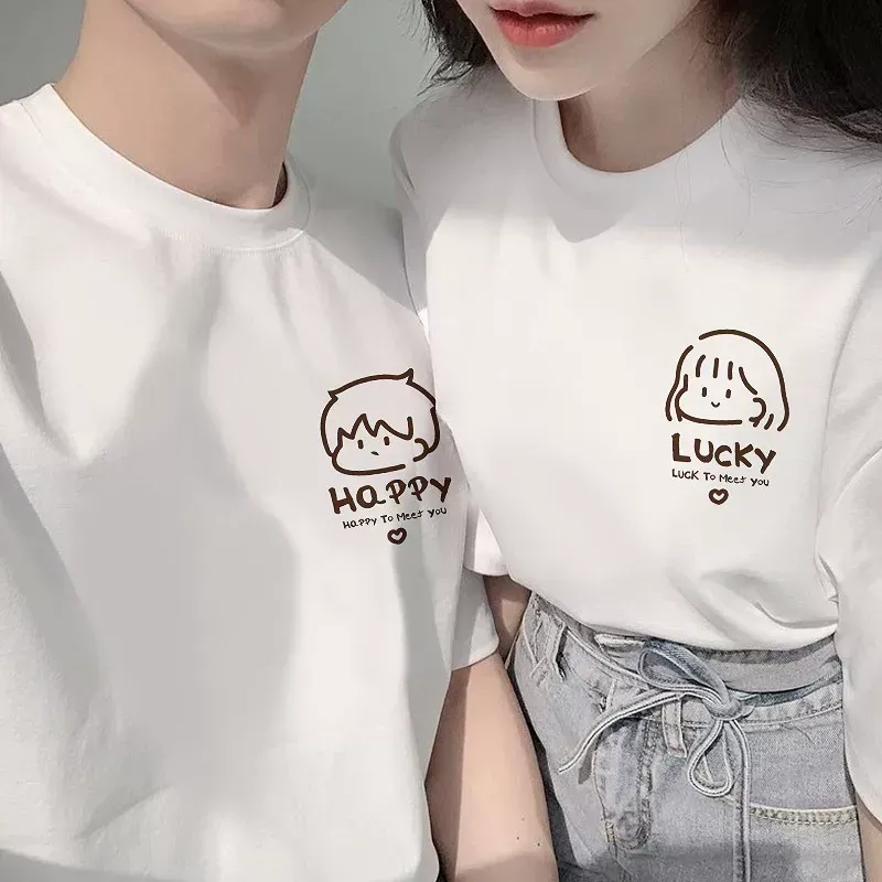 【2点セット】カップルペアルック LUCKY & HAPPY ゆるかわTシャツ