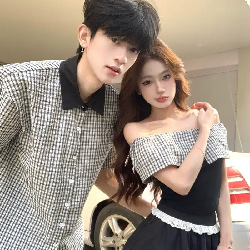 カップルペアルック ギンガム・モノクロームシャツ オフショルセットアップ