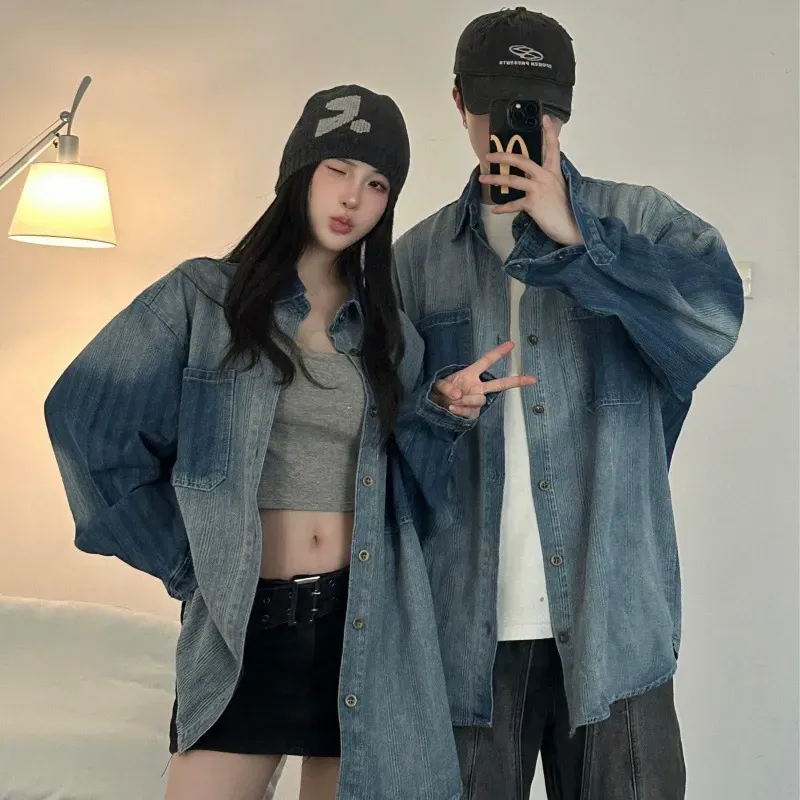 カップルペアルック グラデーション×ヴィンテージ加工 デニムシャツ