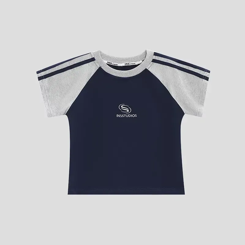 INSstudios レトロ配色ラグランボーダー 短丈カップルTシャツ