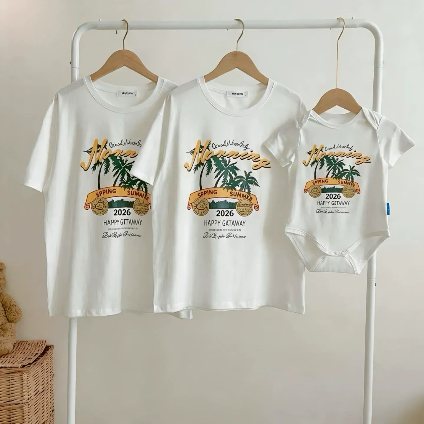 親子ペアルック  サマーリゾートプリント Tシャツ＆ロンパース