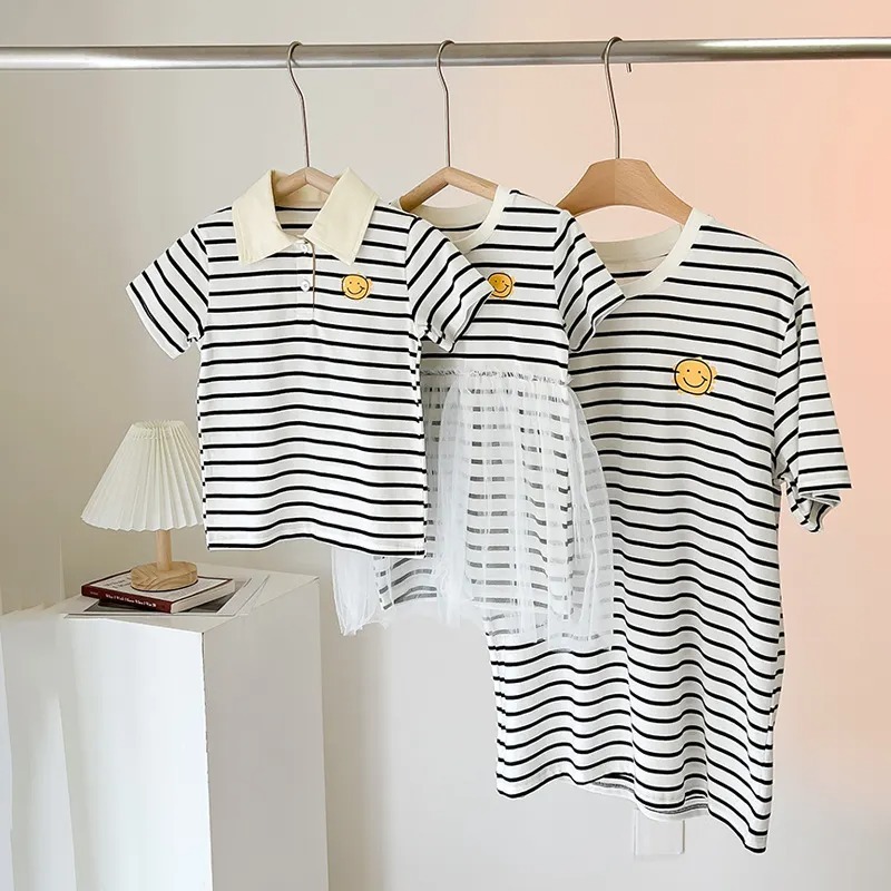 親子ペアルック ハッピースマイル・ボーダーリンクコーデ（Tシャツ / ポロシャツ / チュールワンピ / ロンパース）