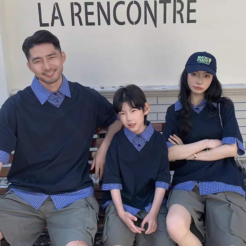 親子ペアルック シャツレイヤード風 5分袖トップス