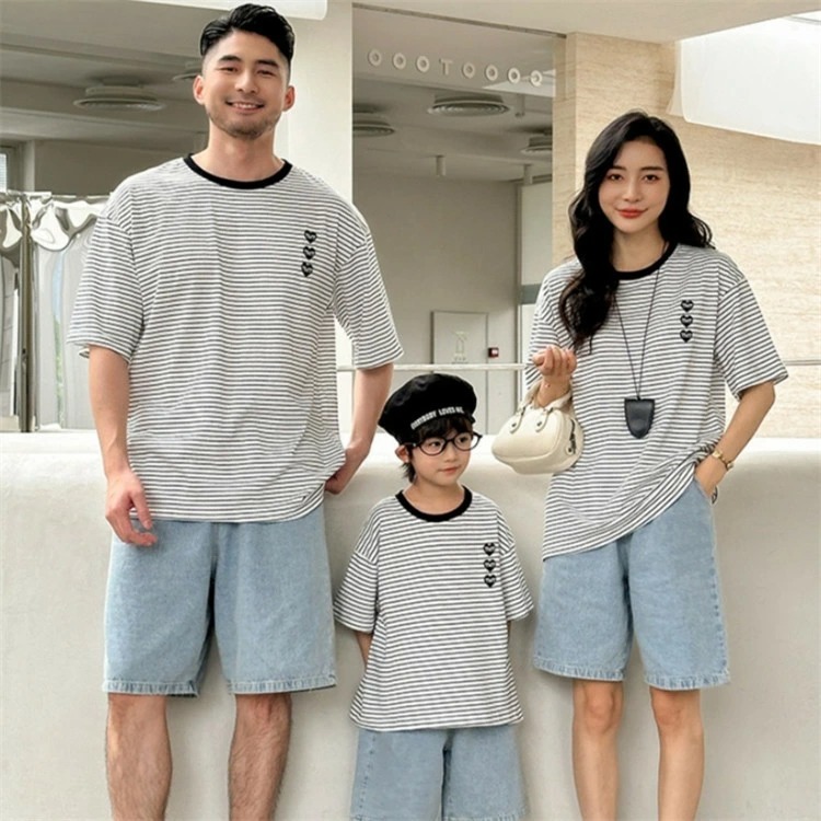 親子ペアルック 3連ハート×細ボーダー Tシャツ