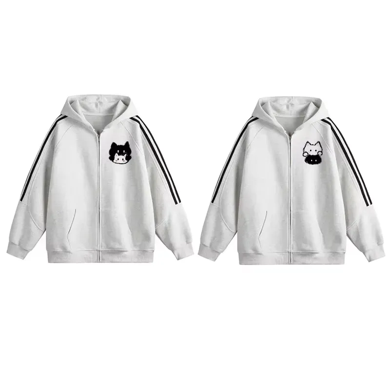 カップルペアルック 寄り添う白黒キャット ジップパーカー